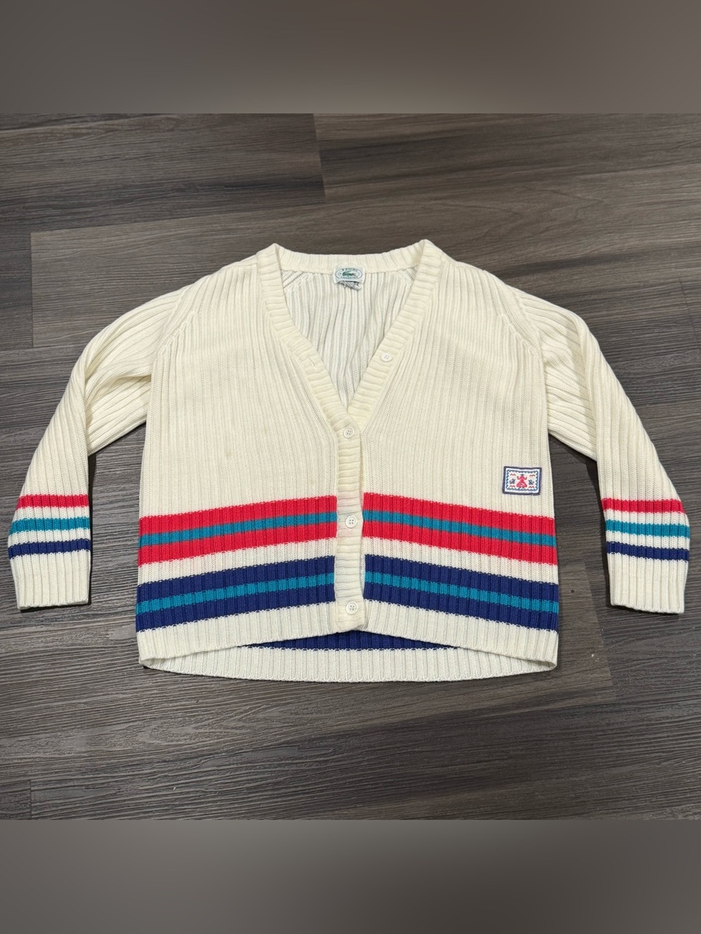 Vintage 80s IZOD Lacoste Cardigan Women’s Small Cream Striped Preppy Sweater